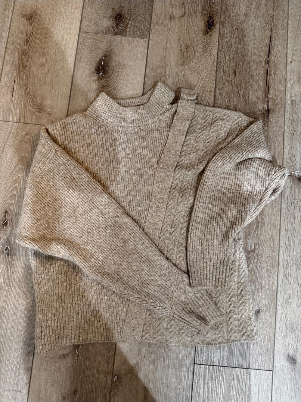 DKNY Neutral Cable-Panel Mock Neck Sweater in Light Beige